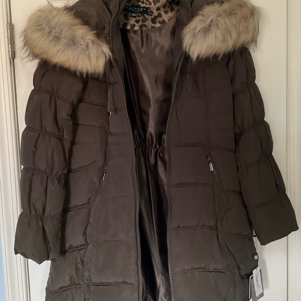 Laundry By Shelli Segal Brown Puffer Jacket with Faux Fur Hood